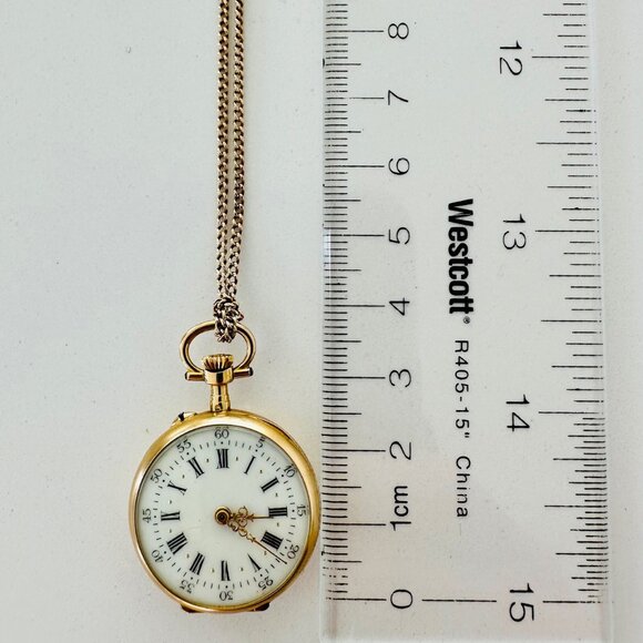 Solid Gold Pendant Pocket Watch + Gold Chain - Picture 12 of 12